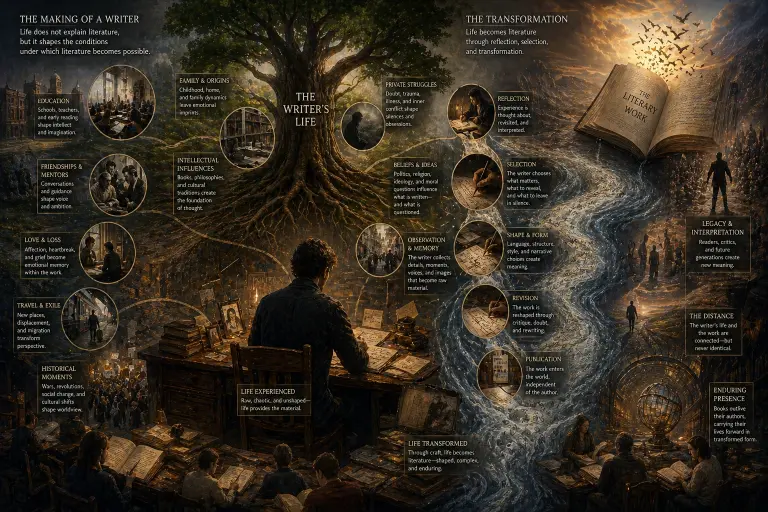 A highly detailed cinematic symbolic illustration representing the full life cycle of literary creation through the metaphor of a vast living tree and the transformation of personal experience into enduring literature. At the center of the composition stands an enormous ancient tree with massive roots spreading deep into the earth and branches extending upward into golden light, symbolizing the writer’s life as the organic foundation of literary work. The tree dominates the scene both physically and conceptually, functioning as the central metaphor for how biography shapes authorship. Its roots spread beneath a solitary writer seated at a wooden desk in the foreground, while its branches reach toward an illuminated open book floating in the distance, visually connecting lived experience to finished literary legacy. In the lower center of the image, a writer sits alone at a desk surrounded by books, handwritten manuscripts, letters, notes, and personal papers. Seen from behind, the figure appears contemplative and absorbed in work, emphasizing reflection rather than performance. The desk is positioned exactly at the base of the tree, showing that writing emerges from the roots of lived experience rather than abstract inspiration. Around the writer are scattered notebooks, drafts, archival pages, photographs, and unfinished manuscripts, symbolizing that literary creation is built slowly through revision, memory, and accumulated life rather than spontaneous genius. On the left side of the composition, the roots of the tree branch into multiple circular symbolic scenes representing the formative elements of a writer’s biography. One scene shows a school and classroom environment, symbolizing education, teachers, libraries, and early intellectual formation. Another shows family life and childhood domestic spaces, representing origins, emotional memory, and the invisible influence of early relationships. Additional scenes depict friendships and mentors in conversation, emphasizing dialogue, influence, and the shaping of voice through intellectual companionship. Another section portrays love and emotional intimacy, suggesting affection, heartbreak, and grief as lasting structures beneath literary themes. A train station and a solitary traveler with luggage symbolize exile, migration, displacement, and how movement across places transforms language, identity, and perception. Below, crowds gathered during protest, war, and political unrest represent historical pressure, revolution, censorship, and the way public events shape literary form as much as private experience does. These scenes show that biography is not a sequence of anecdotes but a system of forces shaping what becomes possible on the page. In the center-right portion of the composition, the image transitions from life lived to life interpreted. Here, circular scenes represent reflection, selection, and revision: a hand writing carefully on manuscript pages symbolizes the deliberate act of choosing what becomes literature and what remains private silence. Another scene shows the writer revising drafts, reinforcing that experience does not become art automatically—it must be transformed through craft, structure, and formal decision. Observation and memory are shown through city streets and collected visual fragments, emphasizing that writers gather details, contradictions, and emotional residues that later become narrative material. Beliefs, ideology, philosophy, and moral conflict are also represented, showing that literature is shaped by questions as much as by events. Flowing like a luminous river through the center of the image is a stream of light and pages moving from the writer’s desk toward the upper right, symbolizing the transformation of raw life into literary form. This current visually connects biography to publication, carrying manuscripts upward toward a large open glowing book titled as the literary work itself. Birds rise from the pages into the sky, symbolizing transcendence, interpretation, and the way literature escapes the limits of the author’s original life. The work becomes larger than the person who produced it. On the far right, groups of readers, critics, and future generations gather beneath the floating book, representing legacy, interpretation, and the continuing life of literature after publication. This section symbolizes how books outlive their authors and acquire new meanings across time, shaped by readers rather than fixed by biography alone. A globe and reading circles in the lower right reinforce the idea of enduring literary presence and global cultural inheritance. The overall composition emphasizes the central argument of literary biography: that a writer’s life does not explain literature mechanically, but it creates the conditions under which literature becomes possible. Childhood, education, exile, love, historical violence, private silence, and intellectual inheritance become roots rather than answers. The final work is not autobiography disguised as fiction, but a transformation of life into structure, voice, and lasting artistic form—where biography remains present not as confession, but as the invisible architecture beneath every page.